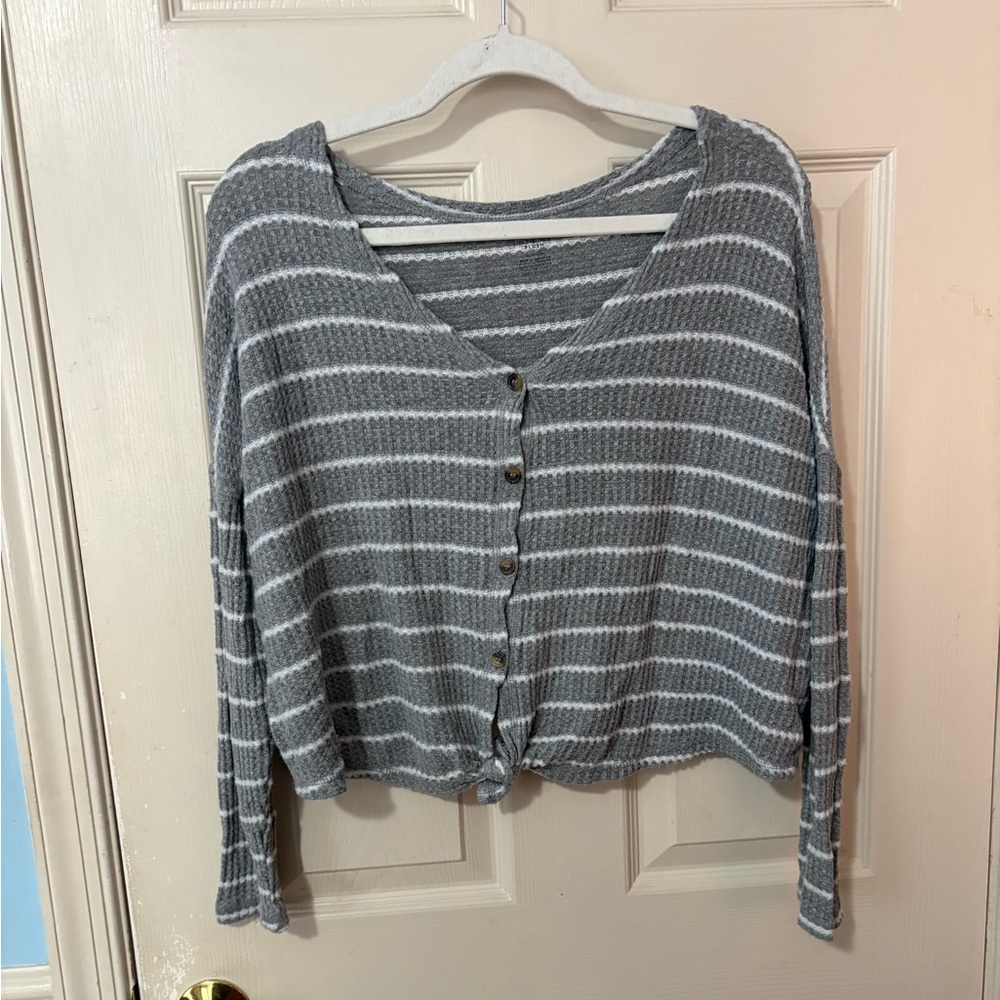 American Eagle Gray and White Striped Cropped Button-Up Lightweight Sweater